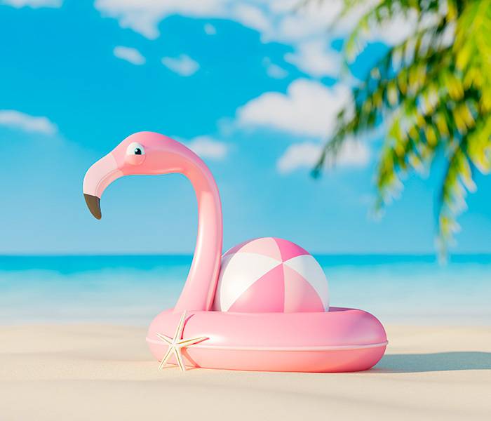 ¡Buenas vacaciones! Ilustración 3D de unos juguetes en la playa