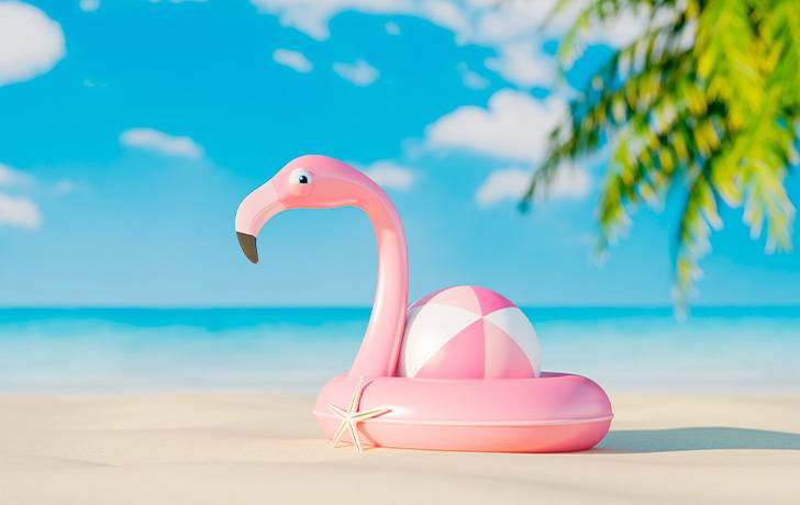 ¡Buenas vacaciones! Ilustración 3D de unos juguetes en la playa